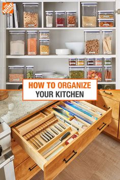 an organized kitchen drawer with the words how to organize your kitchen on it's side