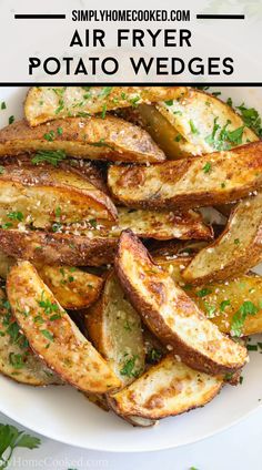 These Air Fryer Potato Wedges have the perfect combination of salty cheese & flavorful garlic. They’re perfect to eat on their own or as a side dish. Air Fryer Potato Wedges, Air Fryer Potato, Potato Wedges Recipe, Wedges Recipe, Air Fryer Oven Recipes, Air Fry Recipes