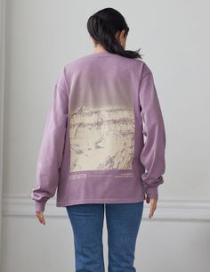 "I look up to the mountains; does my strength come from mountains? No, my strength comes from GOD, who made heaven, and earth, and mountains." -Psalm 121:1-2     Size:  Model is 5'7" and wearing a size Small. Fit:  Oversized, Unisex Fit Color:  Montana Grape Composition:  100% cotton Features:  Garment Dyed, Super Soft, Pre-Shrunk Relaxed Fit Long Sleeve Tops For Adventure, Oversized Graphic Print Tops For Outdoor Activities, Elevated Faith, Faith Sign, Faith Clothing, Christian T Shirts, My Strength, Heaven And Earth, To The Mountains