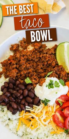 The Taco Bowl is so good! This recipe is simple to make and the perfect dinner. Taco Rice Bowl Recipe, Ground Chicken Tacos, Rice Bowls Healthy, Chicken Taco Bowls, Taco Bowl Recipe, Taco Salad Bowls, Taco Bowl, Burrito Bowls Recipe, Healthy Ground Beef