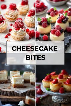 cheesecake bites with raspberries and whipped cream on top are shown in four different pictures