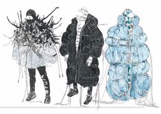 two drawings of people in coats and jackets