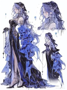 an artistic drawing of a woman in blue dress with long hair and flowing veils