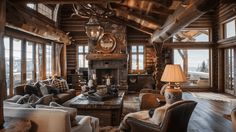 a living room filled with lots of furniture next to a fire place in a log cabin