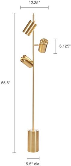 a gold floor lamp with two lights on each side and measurements for the base height