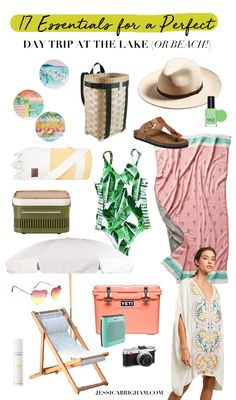 a collage of beach items including an umbrella, hat and other things to wear