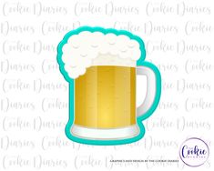 a mug of beer with foam on it and the words graphics design in blue font