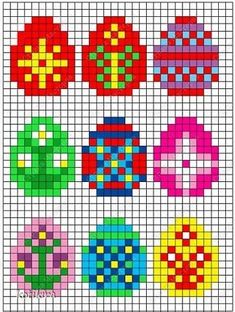 a cross stitch pattern with different shapes and colors on the front, including red, green,