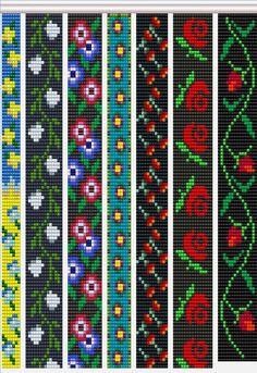 four rows of beaded bracelets in different colors and designs, each with flowers on them