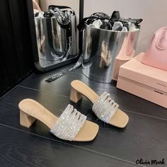 Olivia Mark - Crystal Embellished Chunky High Heel Sandals for Outdoor Wear Low Heel Pumps, Crystal Shoes, Chunky High Heels, Casual Loafers, Casual Sport Shoes, High Heels Stilettos, Outdoor Wear, Work Shoes, Heel Sandals