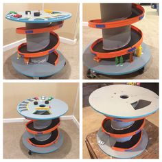 four different views of a table with wheels