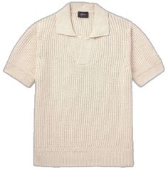 Classic Short Sleeve Cotton Sweater, Elegant Textured Knit Cotton Sweater, Elegant Cotton Polo Sweater With Ribbed Collar, Casual White Merino Wool Tops, Relaxed Fit Wool Collared Top, Wool Collared Tops With Relaxed Fit, Collared Wool Tops With Relaxed Fit, Cotton Textured Knit Polo Sweater For Work, Cotton Polo Sweater With Textured Knit For Work