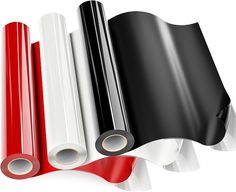 three different colors of plastic sheeting next to each other on a white surface with red, white and black strips