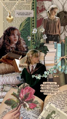 an altered collage with books and flowers