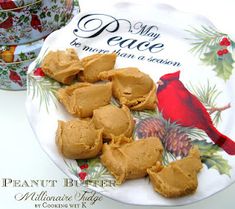 small pieces of peanut butter on a plate next to a cup and saucer with pine cones