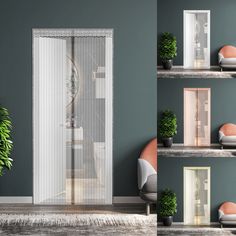 four different views of a living room with plants on the shelves and an open door