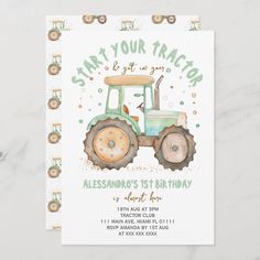 a tractor birthday party card with the words, start your tractor let it go on