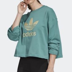 Premium Embroidered Trefoil Boxy Sweatshirt In Future Hydro F10 Rare Green Size S Beautiful Embroidery - Embroidered Trefoil Logo - Drop Shoulder Sleeves - Crewneck - 100% Cotton S- 4-6 Adidas Sweatshirt Green, Adidas Embroidery Sweatshirt, Outfit Elegantes, Embroidery Boutique, Adidas Sweats, Adidas Crop, Adidas Trefoil, Cut Sweatshirts, Adidas Sweatshirt