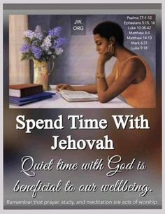 a woman sitting at a table with a book in her lap and the words spend time with jehovah