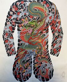 a drawing of a body made out of paper with dragon and flowers on the back