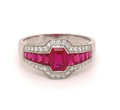 Platinum 1.86 Carat Genuine Natural Ruby and Diamond Ring (#J4870) Ruby And Diamond Ring, Vintage Cocktail Ring, Ruby Diamond Rings, Ruby Jewelry, Ruby Diamond, Ring Fit, Natural Ruby, Cocktail Rings, Emerald Cut