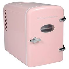 a pink refrigerator with the door open and handle on it's side, sitting in front of a white background