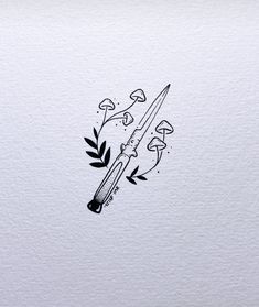 an ink drawing of a knife and flowers