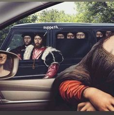 an image of people riding in the back of a car with their faces painted on