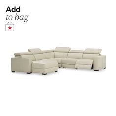 a white leather sectional sofa with the words add to bag above it