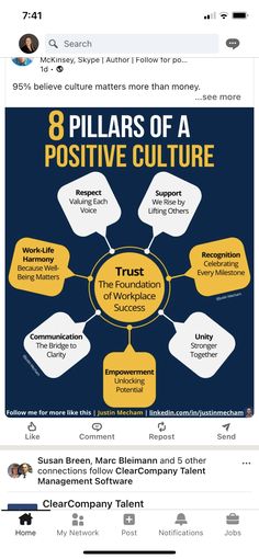 an image of a facebook page with the words 8 pillars of a positive culture