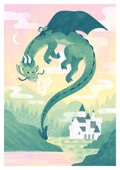 a green dragon flying over a castle in the sky