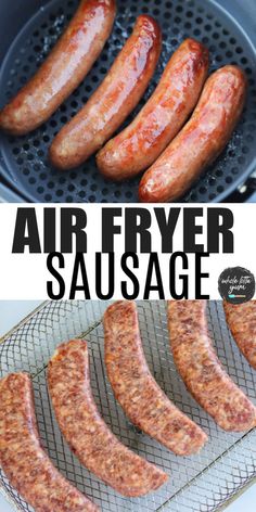 air fryer sausages are being cooked in a pan and then on the grill