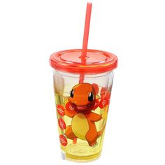 a plastic cup with a red lid and a pokemon character on it