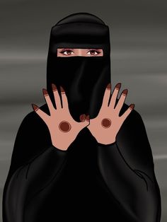 a woman in black is covering her face with her hands and wearing a burka