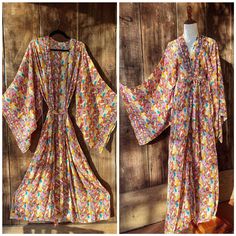 "Gorgeous silk and plant viscose blend kimono with pockets and belt. Gorgeous flare sleeves, this is the perfect outfit topper, self-care robe or cardigan kimono. In our Zoey rainbow print Arm hole 18\" Length approx 55\" Bust 42\"" Summer Daywear Belted Kimono, Summer Belted Kimono For Daywear, Long Hippie Kimono For Spring, Hippie Long Kimono For Spring, Long Hippie Style Kimono For Spring, Spring V-neck Kimono With Belt, Bohemian Belted Kimono With Kimono Sleeves, Spring Daywear Belted Kimono, Spring Belted Kimono For Daywear