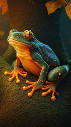 a blue and yellow frog sitting on top of a leaf covered tree branch with leaves around it