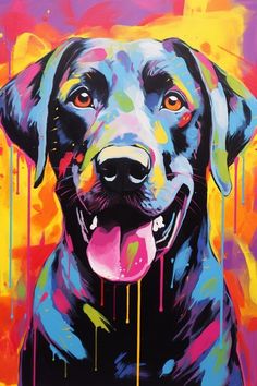 a painting of a black dog with yellow and pink paint drips on it's face