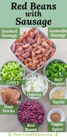 red beans with sausage and other ingredients in bowls