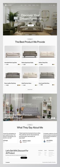 the website for furniture store is displayed in white and gray colors, with an image of couch