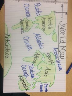 a piece of paper with writing on it that says world map and other words in different colors