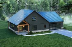 this is an artist's rendering of a small house in the woods with a metal roof