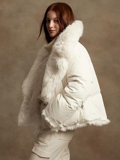 Reversible Faux Fur Down Jacket | Banana Republic Cold Weather Down Puffer Jacket With Faux Fur Trim, Faux Fur Puffer Outerwear For Cold Weather, Faux Fur Puffer Outerwear For Winter, Winter Faux Fur Puffer Outerwear, Winter Down Outerwear With Faux Fur Lining, Fall Down Puffer Jacket With Faux Fur Lining, Winter White Quilted Puffer Jacket For Cold Weather, Quilted Winter White Puffer Jacket For Cold Weather, Long Sleeve Down Puffer Jacket With Faux Fur Lining