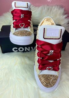 Elegant Wedding Sneakers With Rhinestones, Elegant Embellished Sneakers For Wedding, Rhinestone Things, Red Quinceanera Ideas, Quince Party, Rhinestone Converse, Converse Wedding, Red Quince, Converse Wedding Shoes