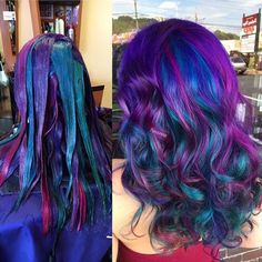 Cosmic Hair Color, Red Purple Blue Hair, Mermaid Hair Brunette, Multi Color Hair Dye Techniques, Peacock Hair Color, Exotic Hair Color