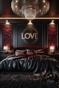 a bedroom with black and red decor, chandelier above the bed and love sign on the wall