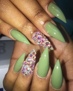 ❥♚ Green Polish Nail Design, Mint Nail Ideas, Purple Glitter Nails, Acrylic Nail Shapes, Pretty Nail Colors, Classy Acrylic Nails