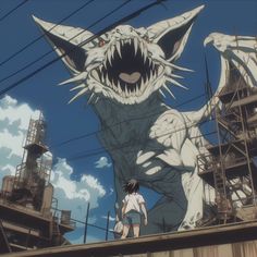 an anime character standing on top of a building next to a giant white cat with its mouth open