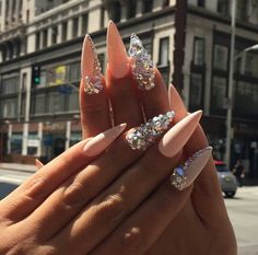 Stiletto nude nail with Swarovski crystals blinged nails Ongles Bling Bling, Pink And White Nails, Diy Suncatchers, Get Nails, Bling Nails, Dope Nails