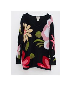 Bromstone studio New York S black floral vintage v neck jumper womenswear Vintage Black Sweater For Spring, Black Vintage Sweater For Spring, V-neck Sweater With Floral Print For Fall, Winter Black Sweater With Floral Print, Black Floral Print Sweater For Winter, Black Long Sleeve Sweater With Floral Print, Vintage Black V-neck Sweater, Black V-neck Vintage Sweater, Colorful Jacket