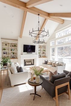 a living room filled with lots of furniture and a fire place in the middle of it